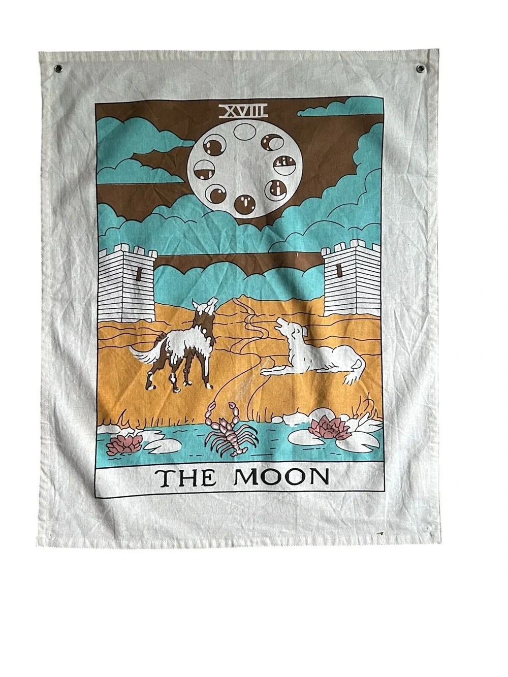 Tarot 'The Moon' Wall Tapestry - Blue, Mustard, White